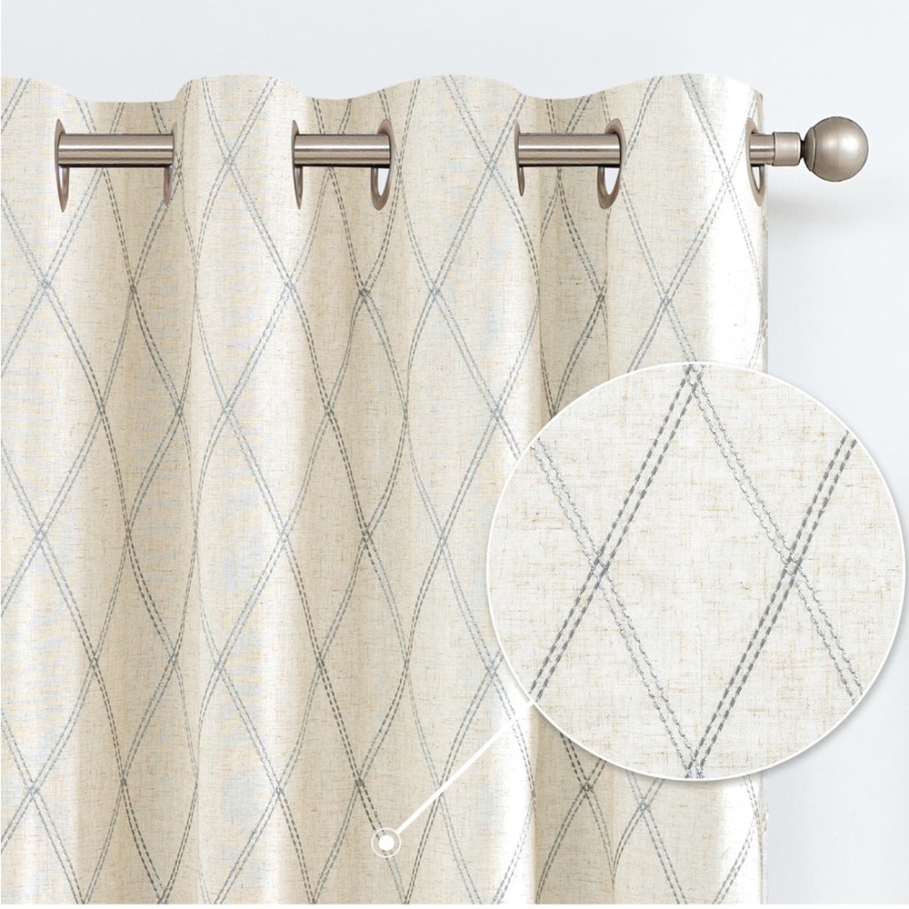 Linen Curtains Grey Diamond Embroidered Curtains Geometric 84” Long 2 Panels